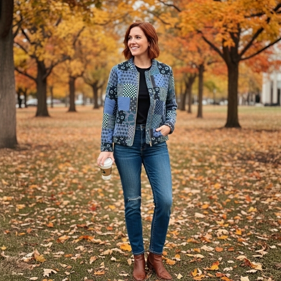 Denim - 22 Made Italy Patchwork Floral Cotton Blend Zipper Jacket